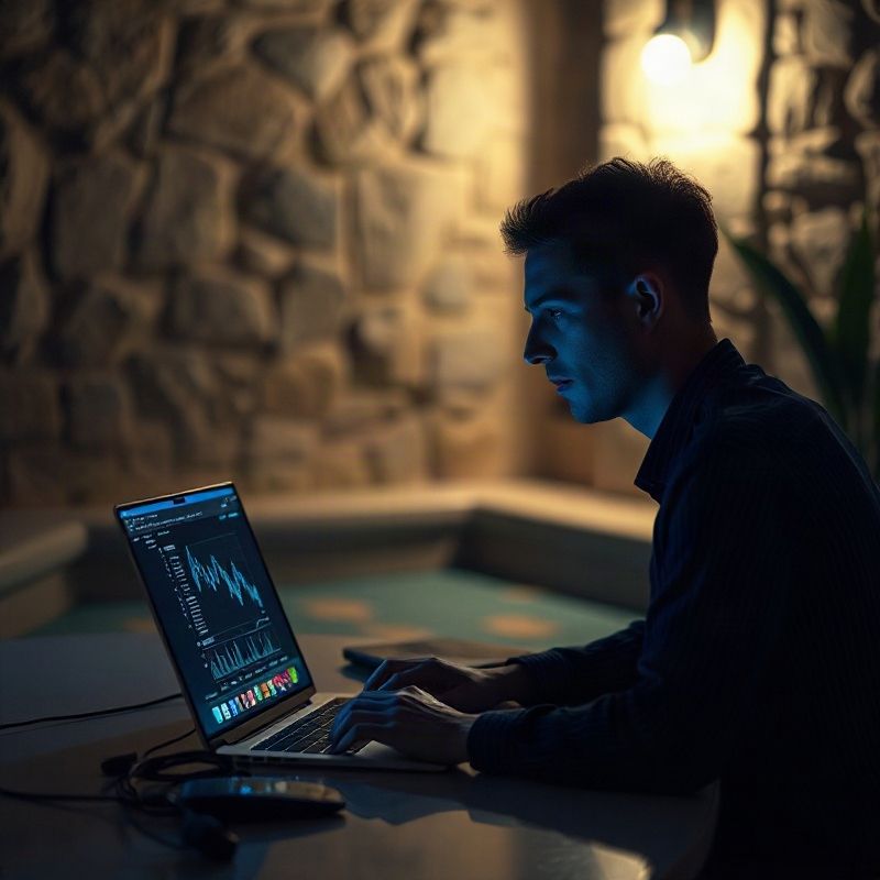 Pessoa a estudar à noite com visualizações de dados no ecrã
